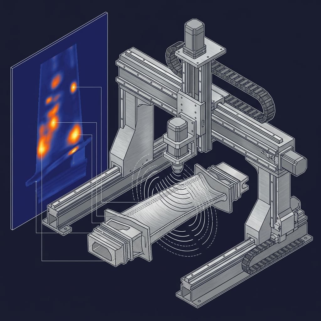 RF NDT precision three-axis scanning grid background